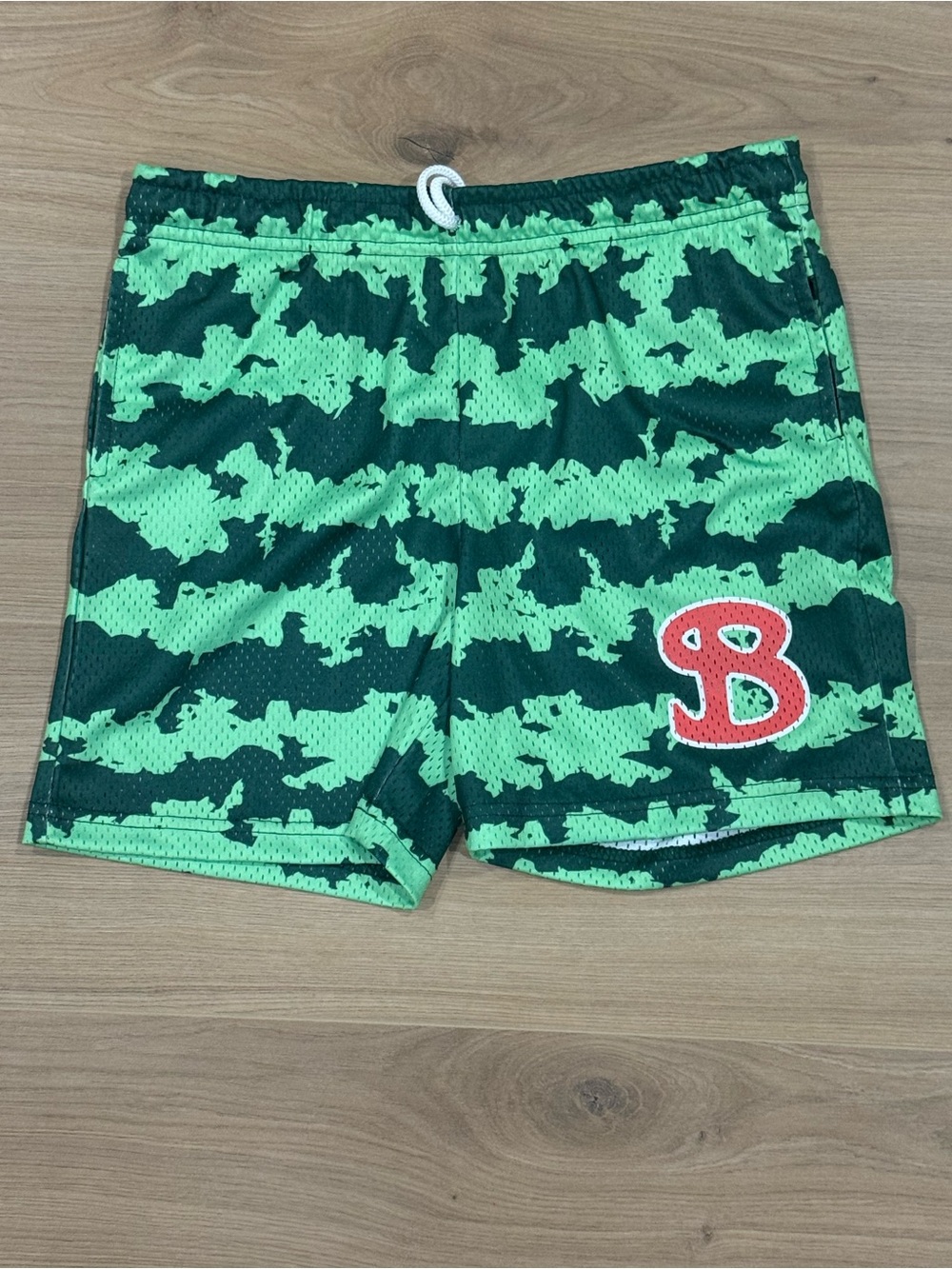 Bucket Squad! Kids Green Camo Athletic Shorts with Red 'B' Accent - Picture 3 of 5